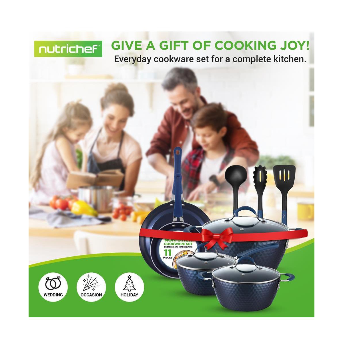 NutriChef Kitchenware Pots & Pans - Stylish Kitchen Cookware Set with Elegant Diamond Pattern, Non-Stick (11-Piece Set)
