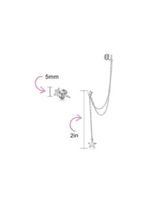 USA Patriotic Star Double Chain Ear Lobe Cartilage Clip On Ear Cuff Wrap Stud Earring Set Gold Plated Sterling Silver