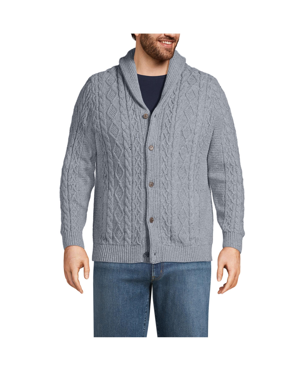 Big & Tall Cotton Blend Cable Shawl Cardigan Sweater - Rich steel heather donegal