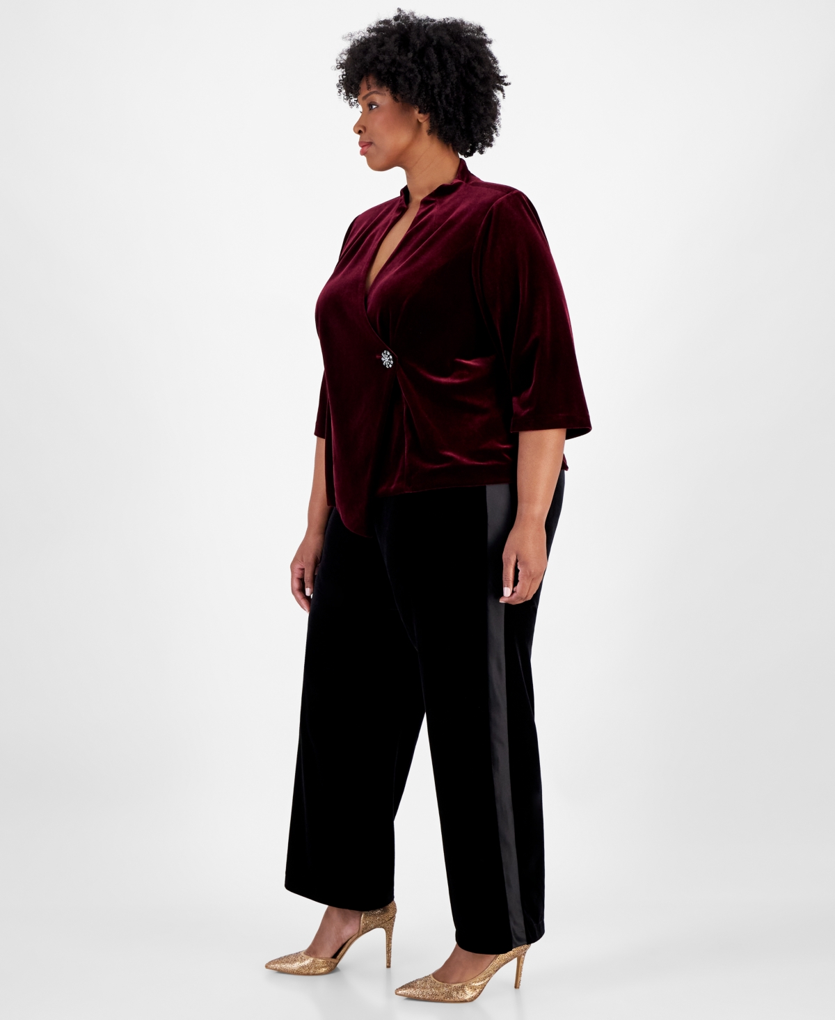 ALEX EVENINGS PLUS SIZE VELVET BEADED-BUTTON 3/4-SLEEVE TOP 