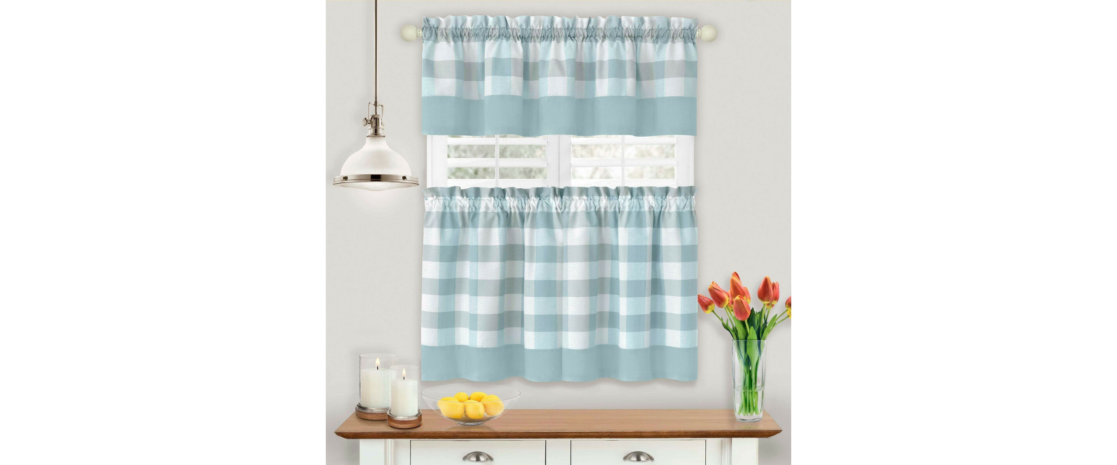 Kate Aurora Modern Country Farmhouse 3 Piece Plaid Checkered Cafe Kitchen Curtain Tier & Valance Set