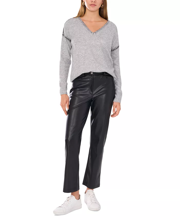 Women's V-Neck Whip-Stitch Trim Long-Sleeve Sweater