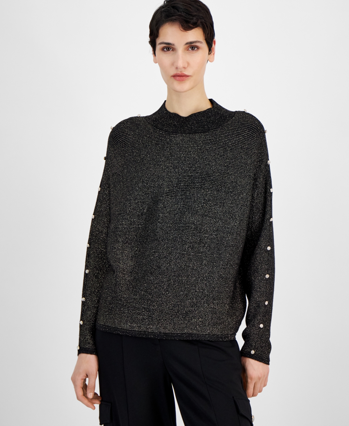 T Tahari Women's Metallic Embellished Ribbed Mock-neck Sweater In Black,gold