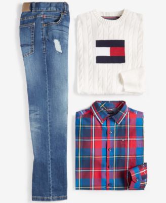 Tommy Hilfiger Big Boys Flag Crewneck Sweater Plaid Shirt Stretch Jeans In Niagara Blue