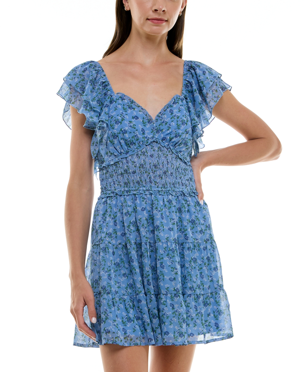 Trixxi Juniors' Floral-Print Smocked-Waist Tiered Ruffled-Sleeve Dress