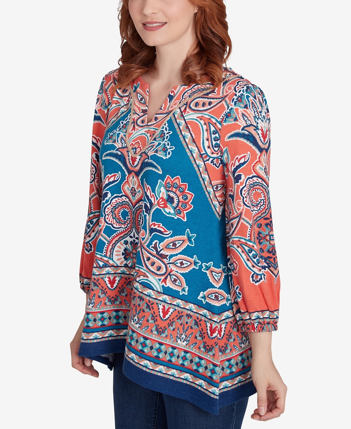 RUBY RD. PETITE EMBELLISHED SPLIT NECK BAROQUE MOTIF PRINTED HATCHI KNIT TOP WITH BALLOON SLEEVES 