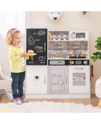 Play Kitchen Toy Set w/ Chalkboard Oven Sink Curtain Microwave Water Dispenser