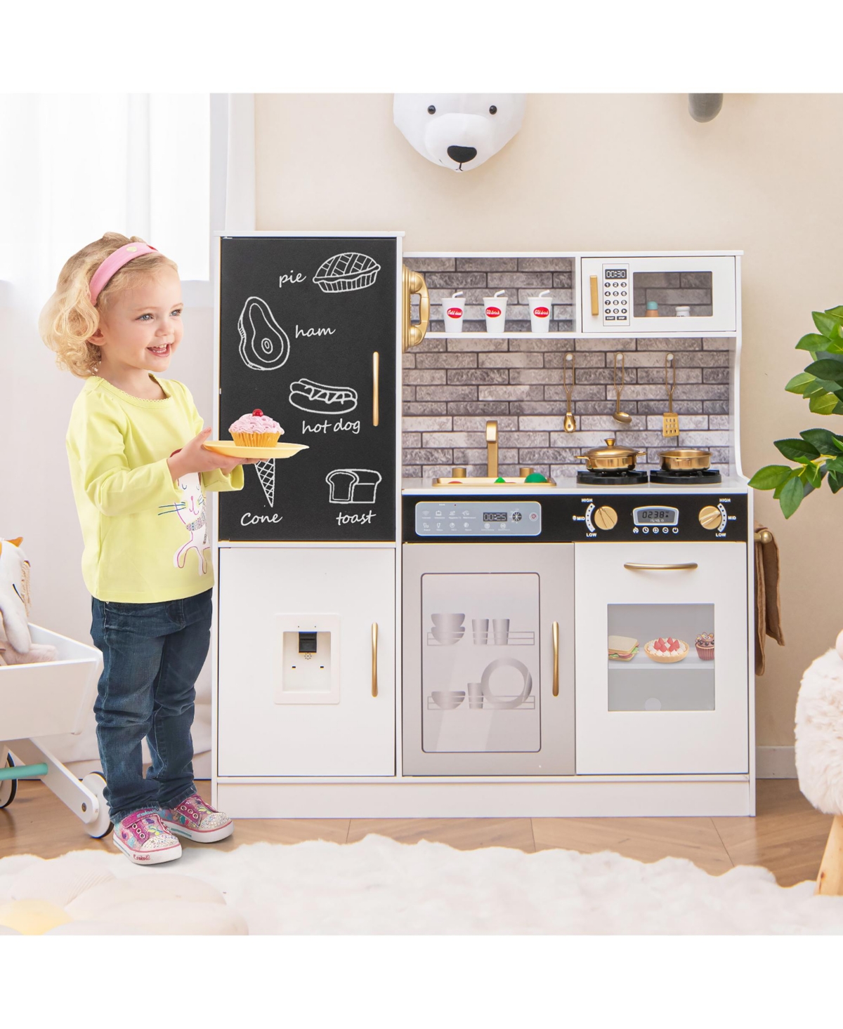 Gymax Play Kitchen Toy Set w/ Chalkboard Oven Sink Curtain Microwave Water Dispenser - White+black
