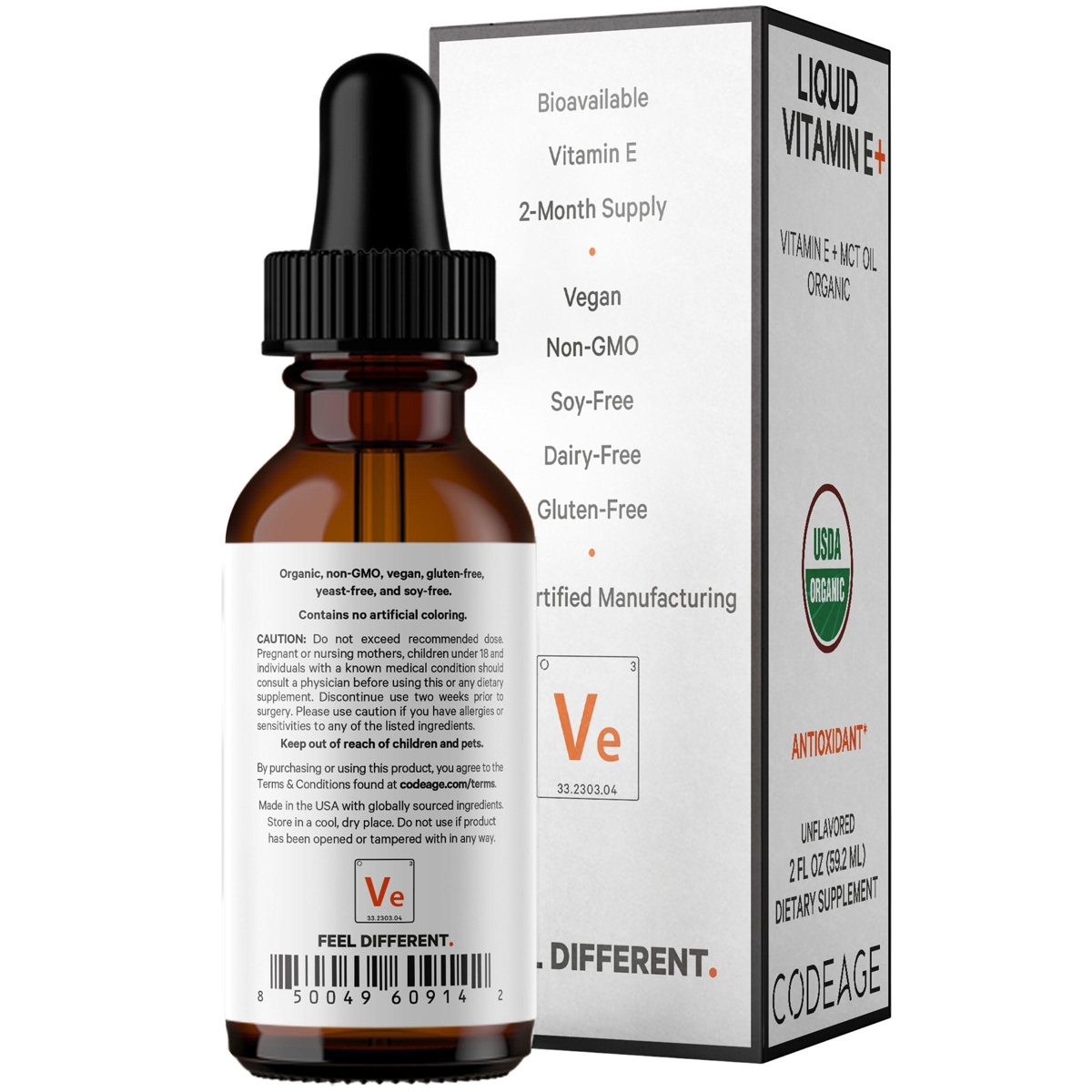 Codeage Liquid Vitamin E+ - Usda-Certified Organic Vitamin E - 2-Month Supply - D-Alpha Tocopherol Acetate, Organic Mct Oil, Organic Orange Fruit Oil