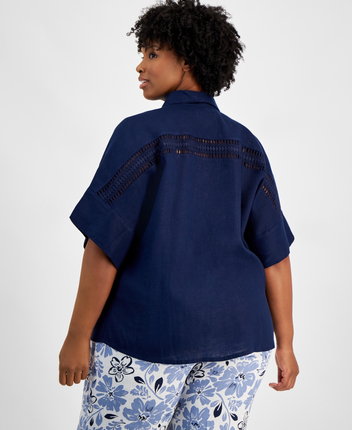 Charter Club Plus Size 100% Linen Crocheted-inset Shirt, Created For Macy's In Intrepid Blue