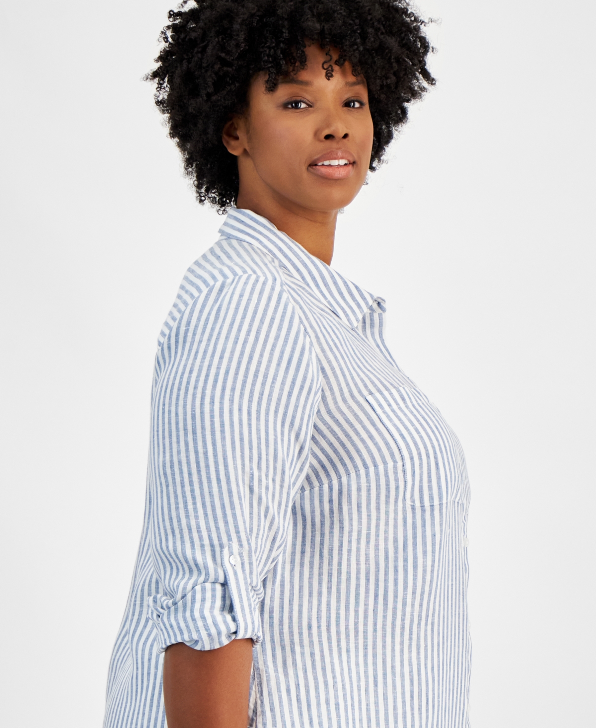 Charter Club Plus Size Linen Striped Button-Up Shirt, Exclusively at Macy's