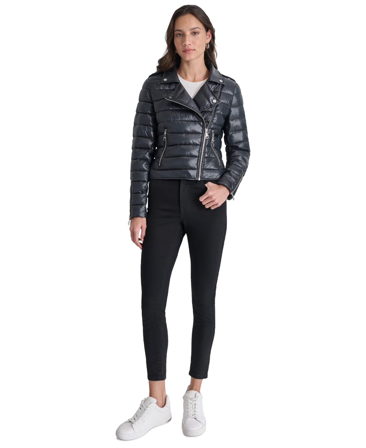 Dkny Jeans Women's Lightweight Zip-front Puffer Jacket In Metlc Blk