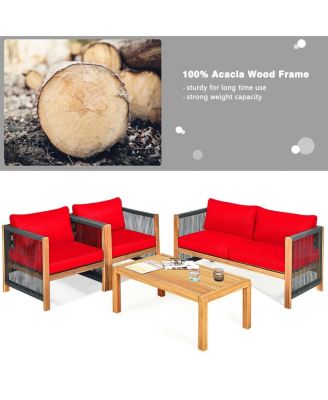 4 Pieces Acacia Wood Sofa Set with Cushions for Outdoor Patio