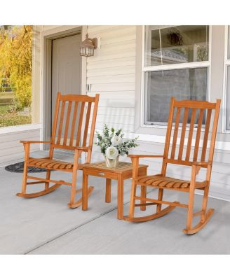 3 Pieces Eucalyptus Rocking Chair Set with Coffee Table