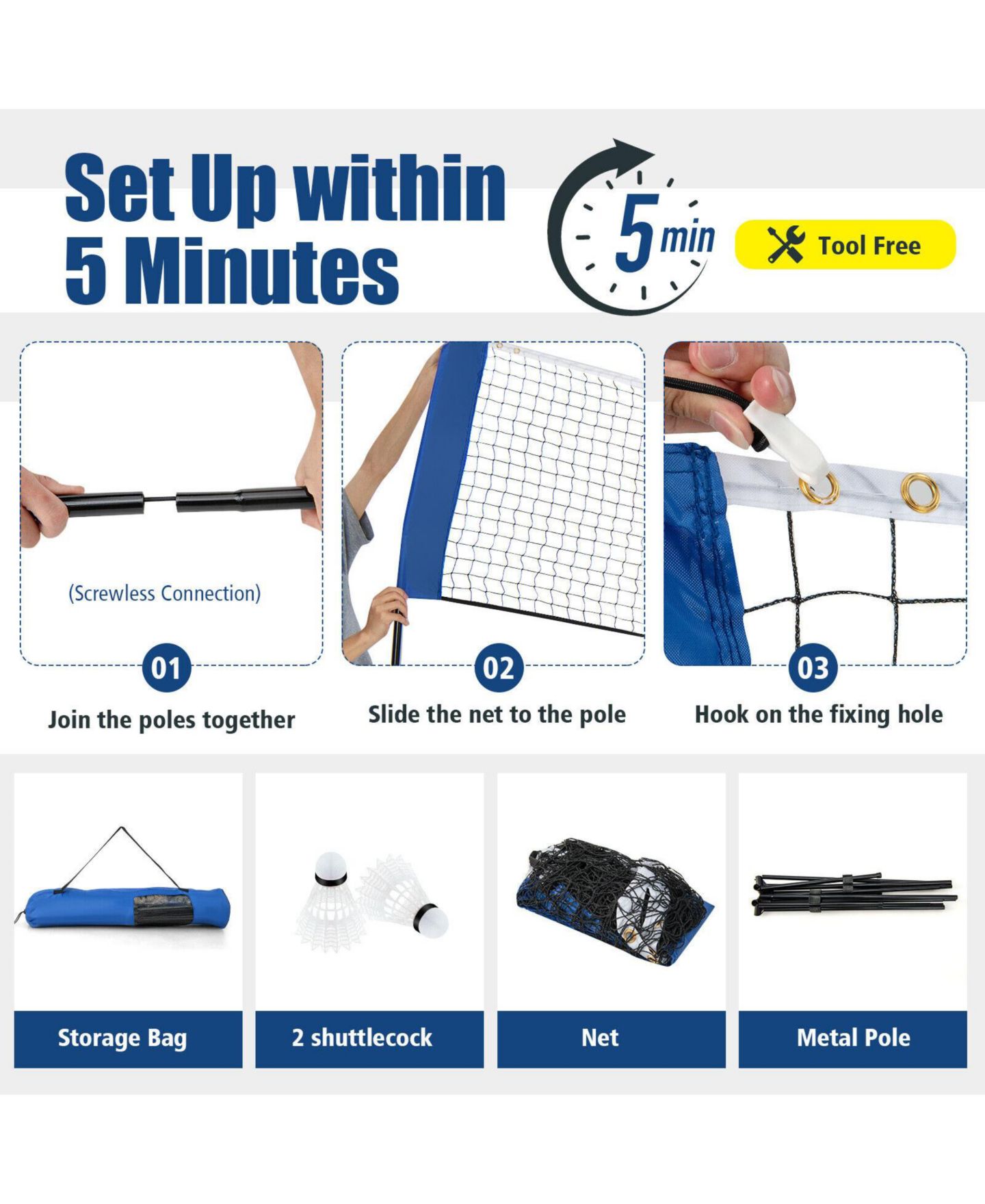 Детские игрушки SKONYON Adjustable Badminton Net Stand 10/14 Foot Portable with Carry Bag, цвет: Синий — фото 9