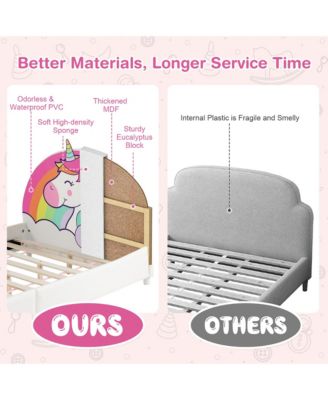 Kids Upholstered Platform Bed Children Twin Size Wooden Bed Unicorn Pattern