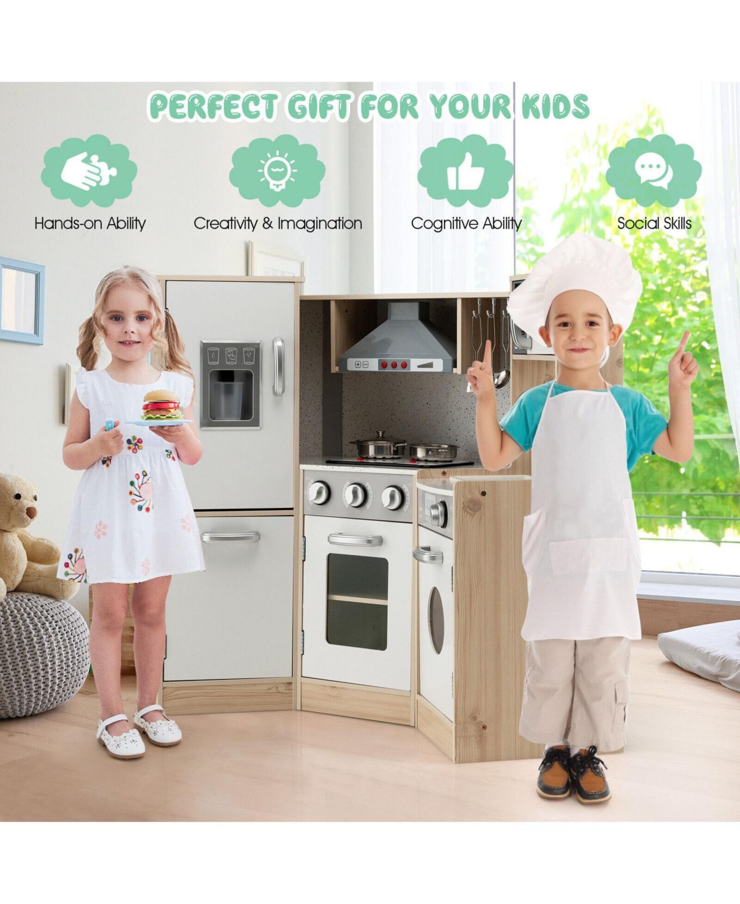 Детский игровой набор SUGIFT Kids Corner Wooden Kitchen Playset with Cookware Accessories, L-Shape Pretend Play Chef Station for Toddlers — фото 4