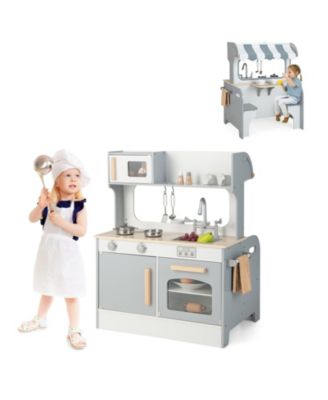 Double Sided Kids Pretend Kitchen Playset with 2-Seat Cafe