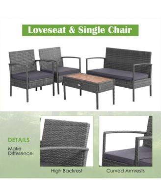 4 Pieces Rattan Patio Conversation Furniture Set with Acacia Wood Tabletop