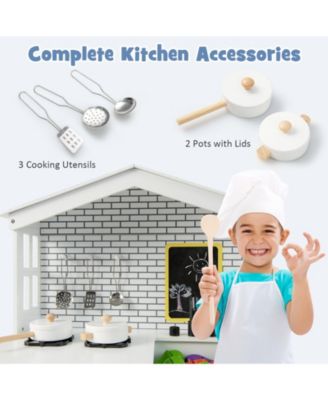 Kids Wooden Kitchen Play Set with Storage Shelves and Accessories