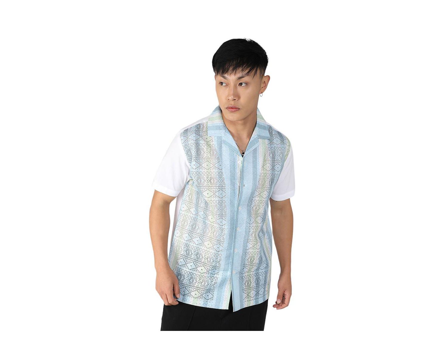 Men's Light Blue & Pale Yellow Fish Eye Ethnic Shirt