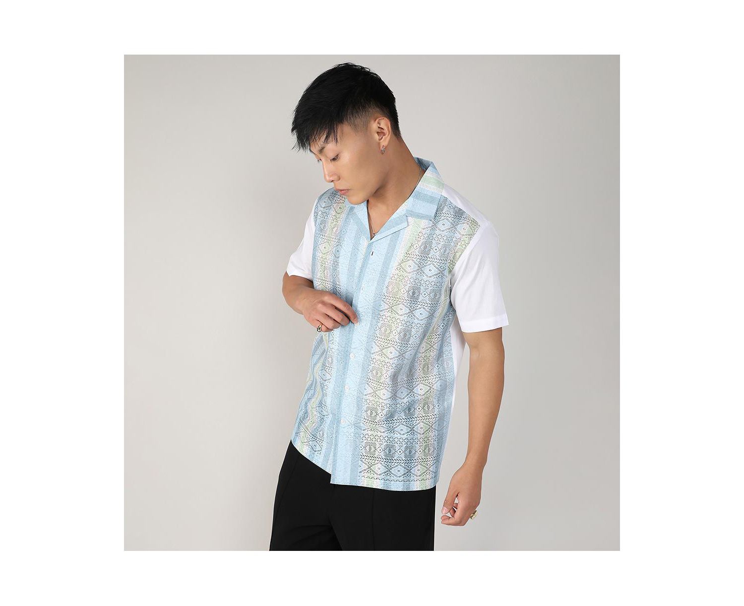Men's Light Blue & Pale Yellow Fish Eye Ethnic Shirt