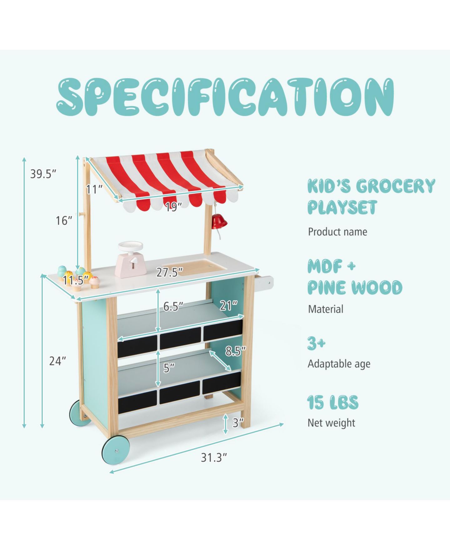 Детские игрушки Costway Ice Cream Cart Wooden Chalkboard 8-Piece Play Stand, Ages 3+, цвет: Assorted Pre-Pack — фото 2