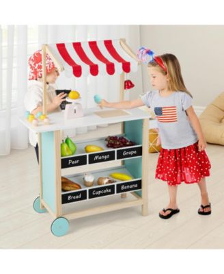 Kids Ice Cream Cart Wooden Toddler Farmers Market Stand W/ Chalkboard & Storage