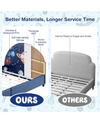 Kids Upholstered Platform Bed Children Twin Size Wooden Bed Galaxy Pattern