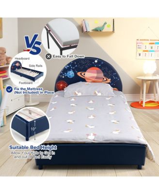 Kids Upholstered Platform Bed Children Twin Size Wooden Bed Galaxy Pattern