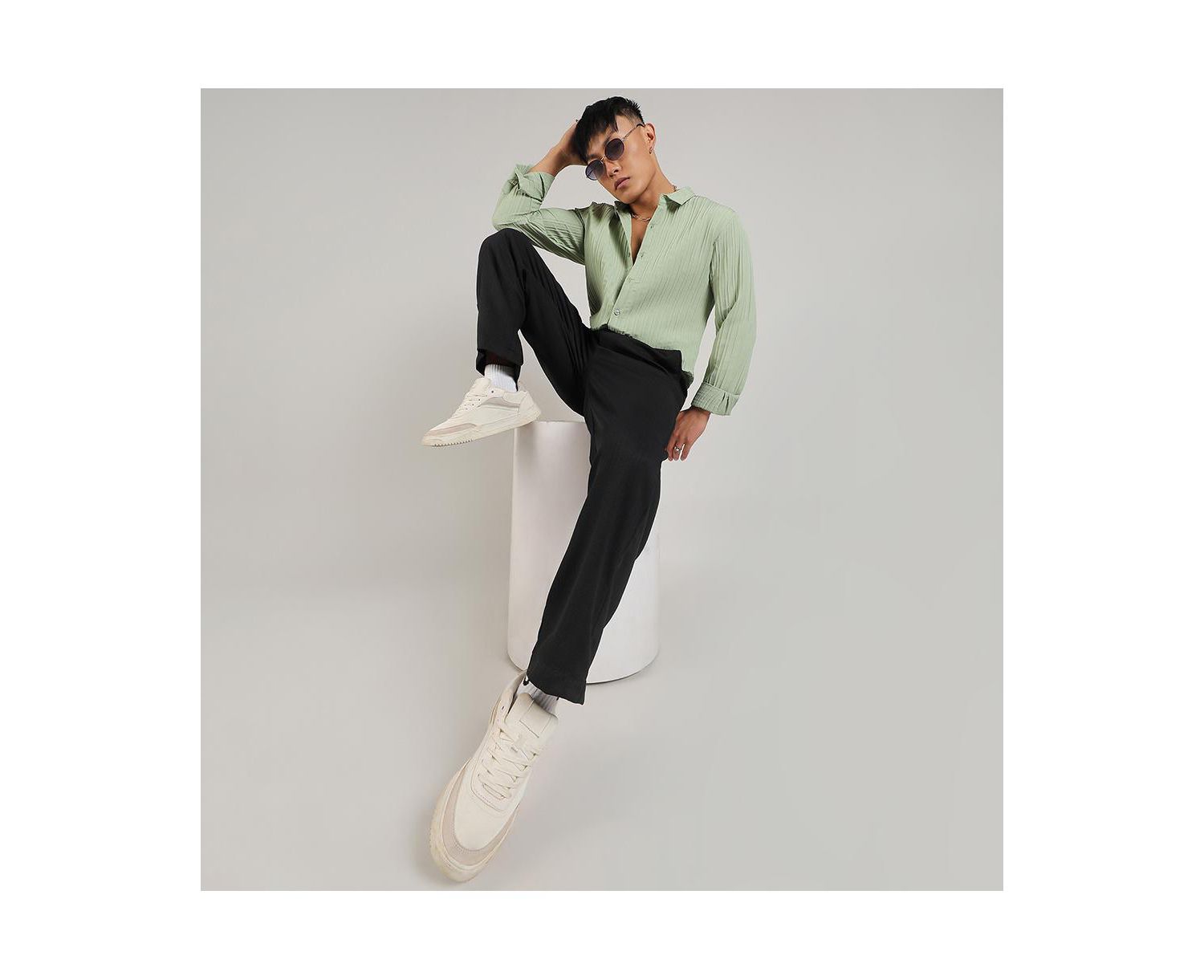Men's Pistachio Green Self-Design Striped Shirt