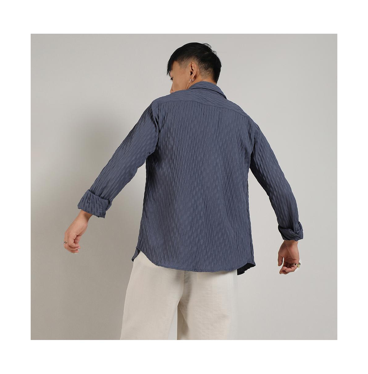 Campus Sutra Men's PrussianCrinkled-Weave Shirt - Blue