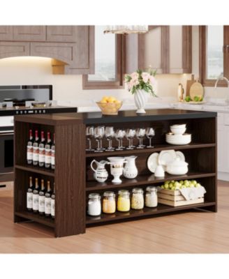 55" Kitchen Island Table, Farmhouse 5-Tier Wood Coffee Bar Cabinet with Storage Shelves and Large Countertop for Kitchen or Dining Room