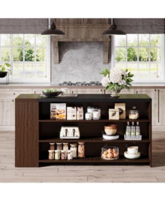 55" Kitchen Island Table, Farmhouse 5-Tier Wood Coffee Bar Cabinet with Storage Shelves and Large Countertop for Kitchen or Dining Room