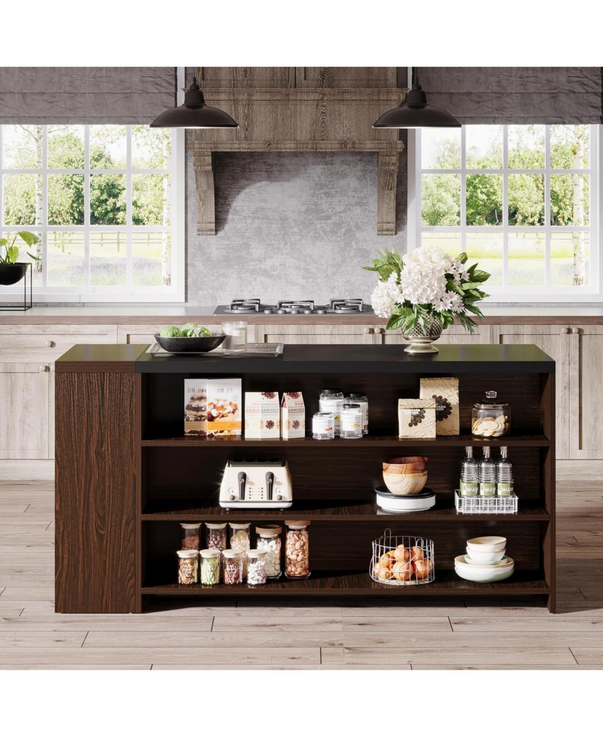 Tribesigns Kitchen Island with Storage, Farmhouse 5-Tier Stationary Island Table with 5 Shelves, Wood Coffee Bar Table Storage Cabinet with Large