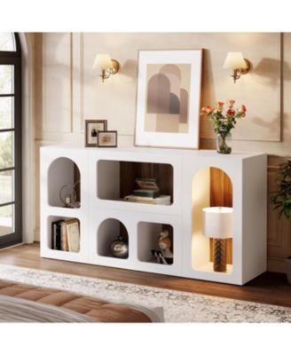 59" White Console Table, Modern Entryway Table, Wooden Storage Organizer Entrance Table with 6 Compartments, Long Sofa Table