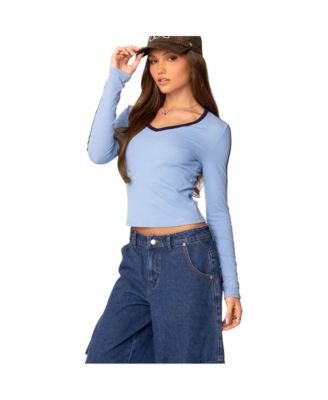 Womens Contrast V Neck Long Sleeve T Shirt