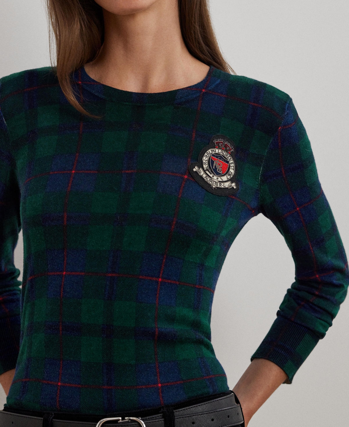Lauren Ralph Lauren Women's Black Watch Plaid Beaded-Crest Sweater, Regular & Petite