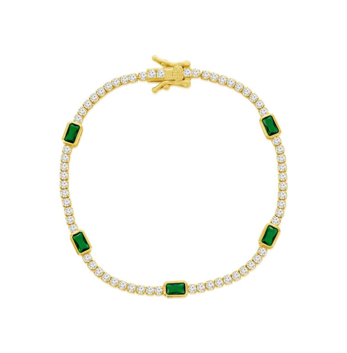 Sterling Silver, Rectangle Bezel-Set & Round Cz Gold Plated Bracelet - Emerald - Emerald