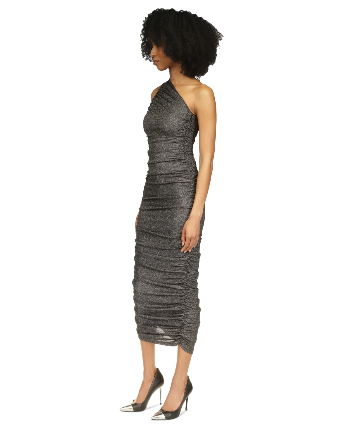 Michael Michael Kors Women's Ruched Metallic One-Shoulder Midi Dress - Black  Silver