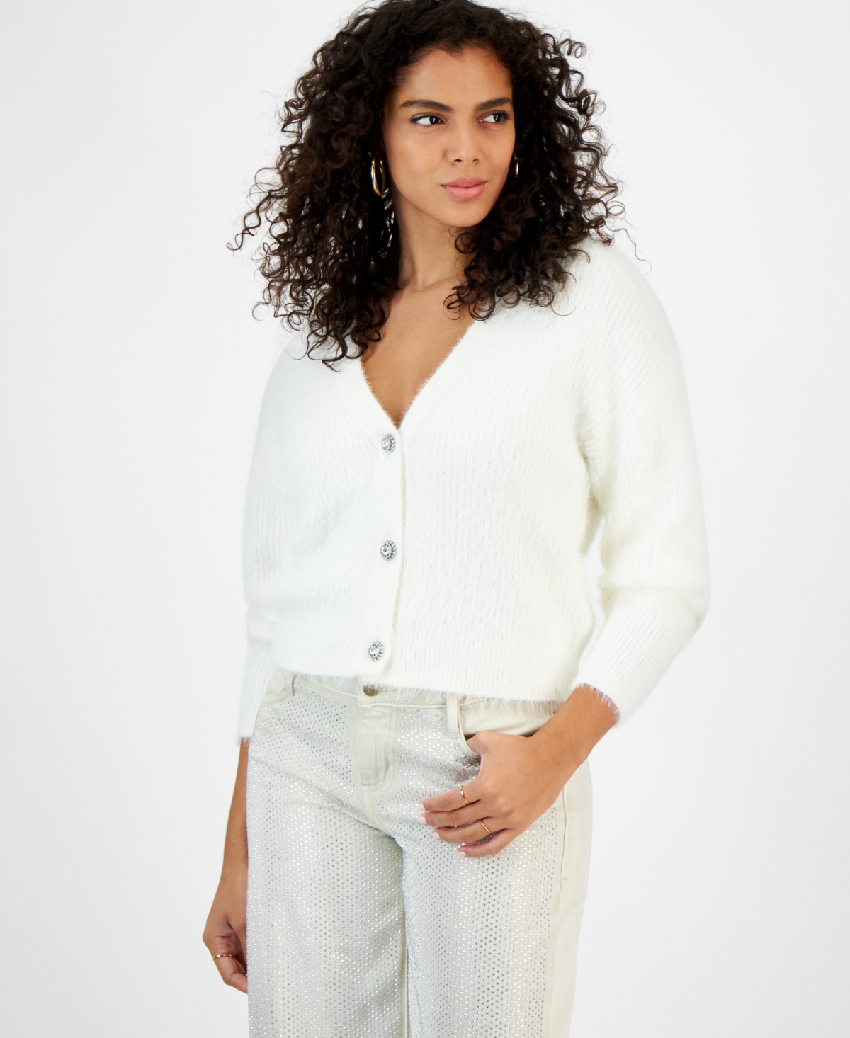 Guess Women's Keyla Rhinestone-button Cardigan Sweater In Cream White