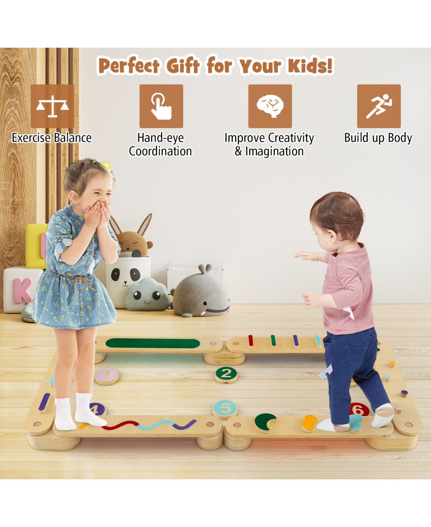 Baby Wooden Obstacle Balance Beams and Stepping Stones, 19-Piece Set