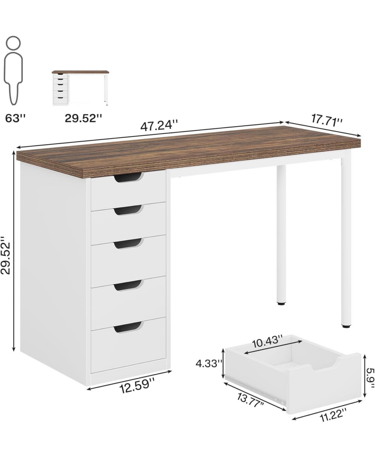 Tribesigns Computer Desk with 5 Drawers, inches Rustic Brown Home Office Desk with Storage, Modern Simple Laptop Desk Study Writing Table for Small