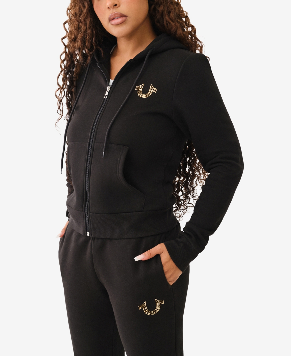 True Religion Women's Crystal Metallic Logo Zip Hoodie