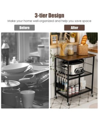 3-Tier Kitchen Serving Cart Utility Standing Microwave Rack with Hooks