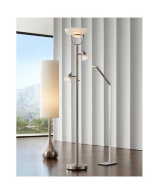 Mid Century Modern Floor Lamp 62" Tall Brushed Steel Droplet Cotton Cylinder Shade for Living Room Bedroom Office