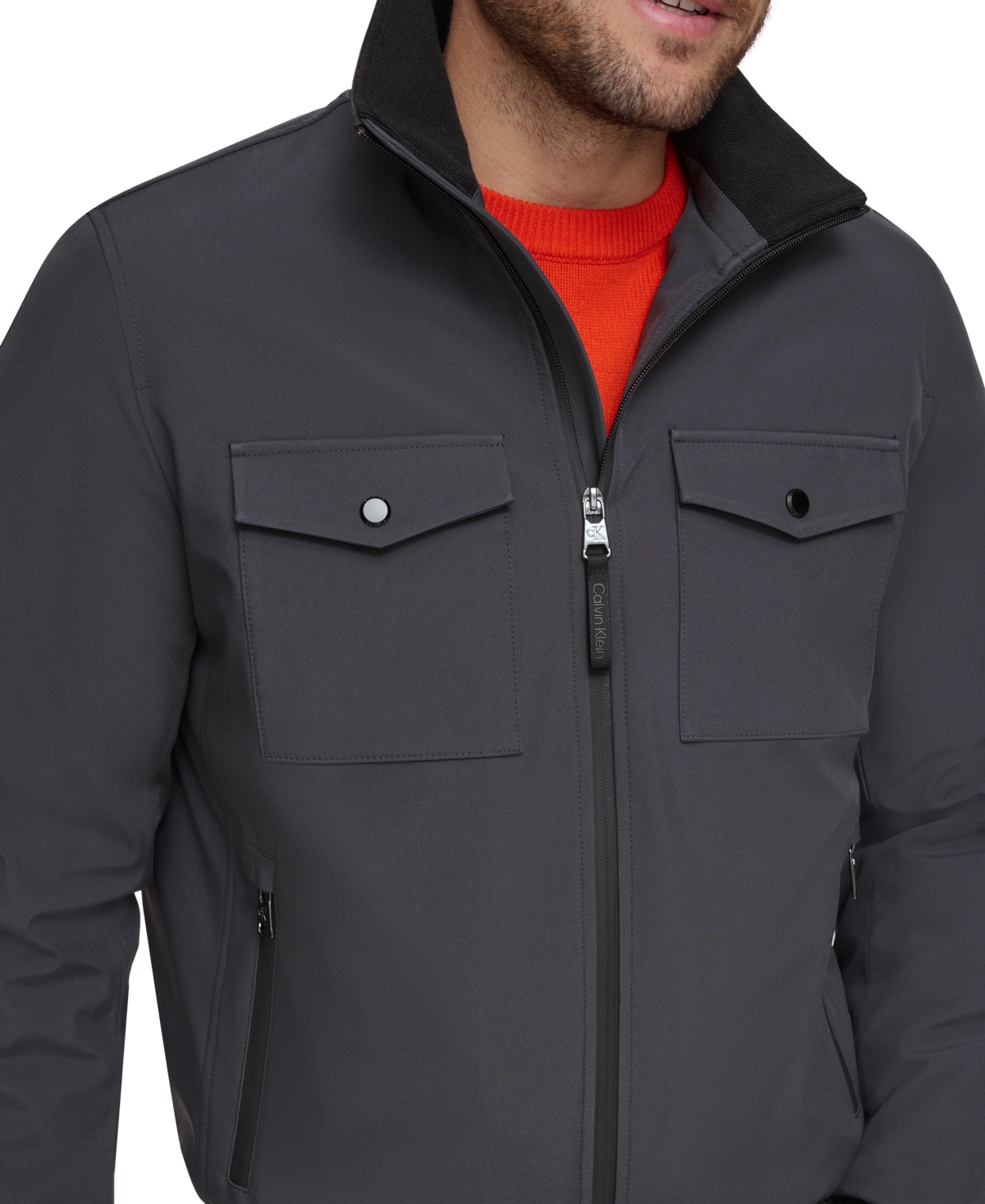 Calvin Klein Water Resistant Flextech Stretch Bomber Jacket In Iron