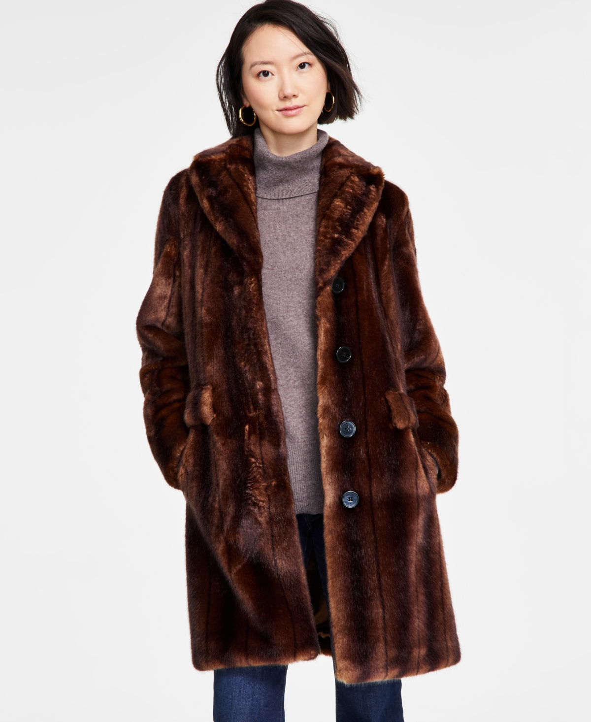 Jones New York Women s Petite Faux Fur Coat Taupe Smart Closet