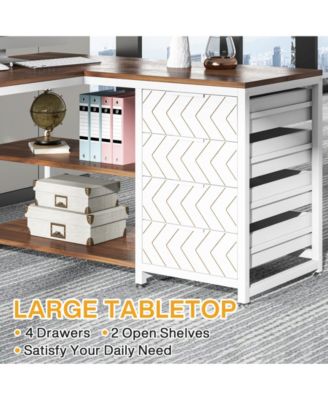 L Shaped Computer Desk with Storage Drawers, 59 inch Corner Desk with Shelves, Reversible L-Shaped Office Desk Study Writing Table Workstation for Home Office