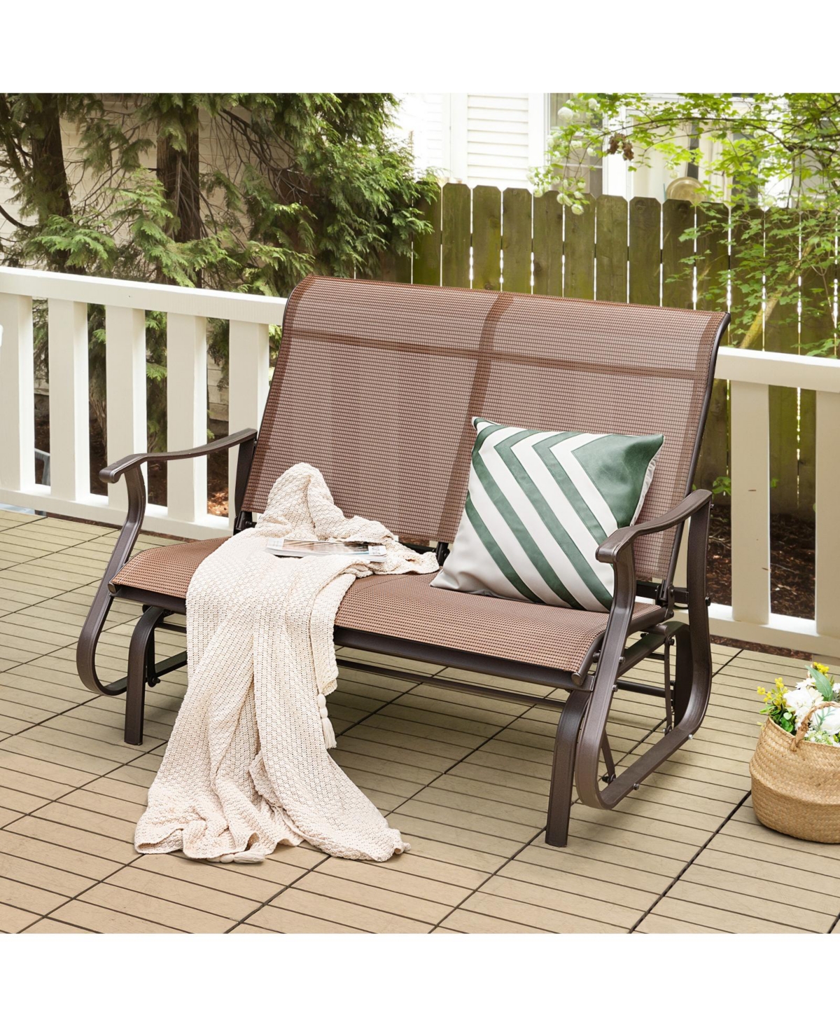 Sugift 2-Person Patio Glider Bench with High Back and Curved Armrests
